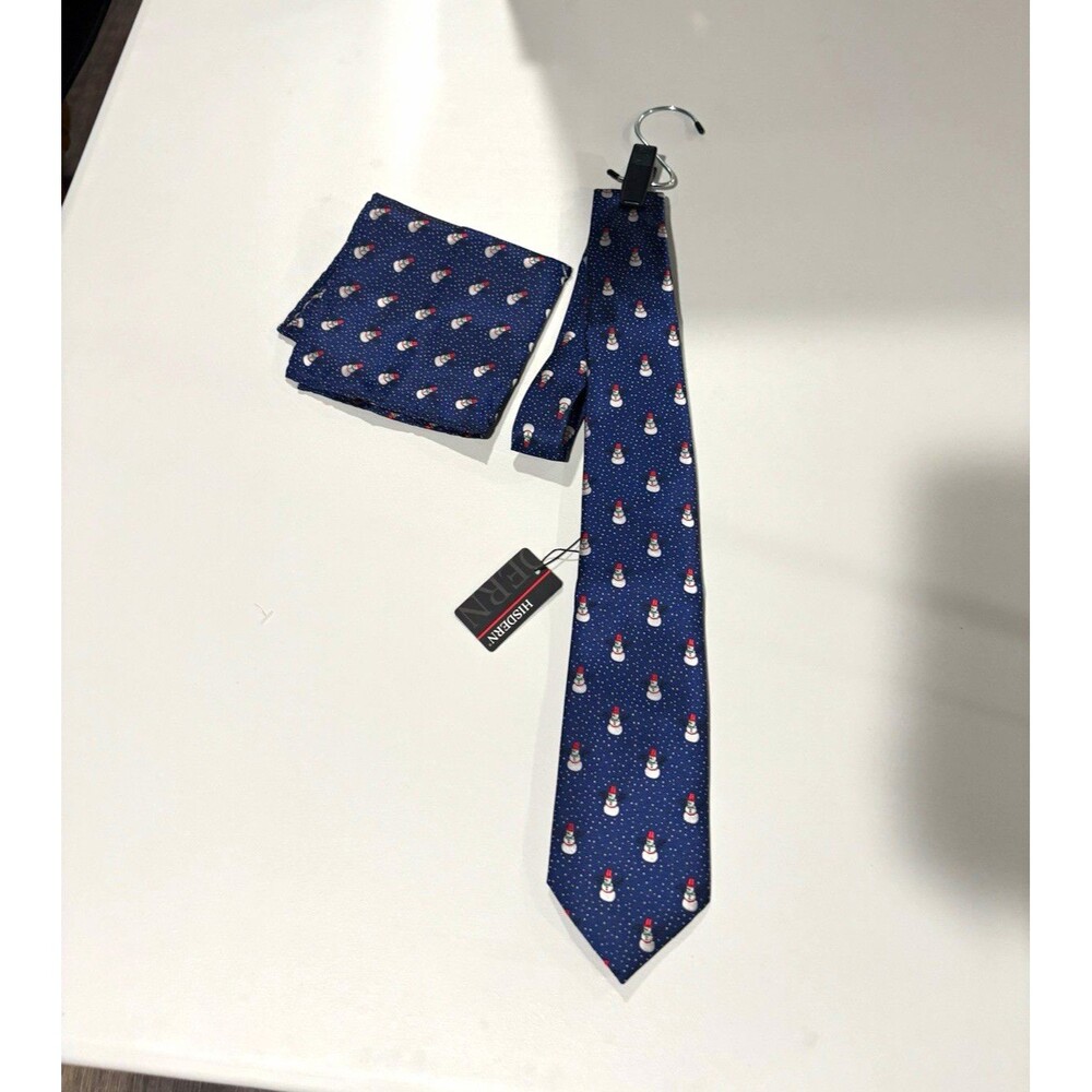 HISDERN Men's Silk Blue Snowman Polka Dot Tie & Pocket Square Set